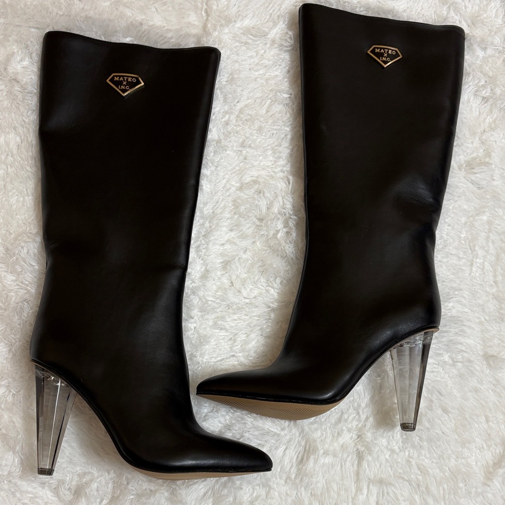 NWOT Mateo For I.N.C. Black Pointy Toe Stiletto Clear Heel Charlotte Boots 5M